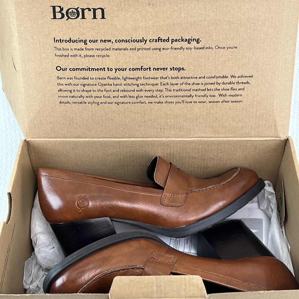 NWB Born Khelda Leather Penny Loafer Block Heel Cognac Women’s 8.5M New with Box - Picture 2 of 13